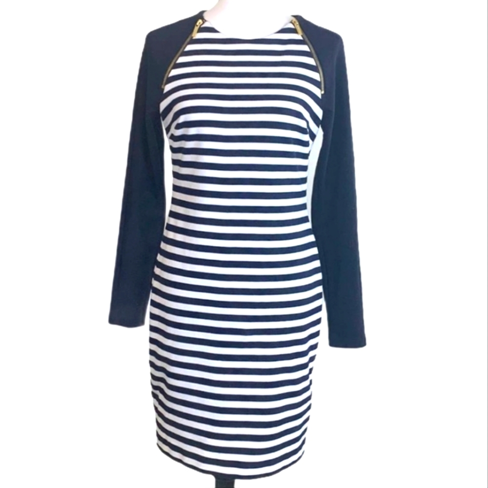 MICHAEL KORS Black and White Long Sleeve Sheath Dress Size 8